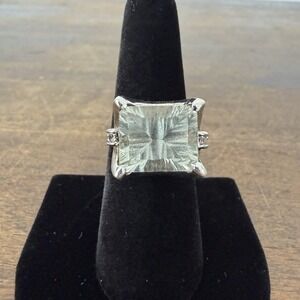 VTG Estate Sterling Silver Cushion Cut Prasiolite Statement Ring Size 6.75